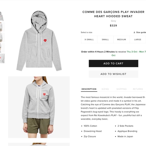 COMME DES GARÇONS PLAY INVADER HEART HOODED SWEAT - Picture 2 of 10